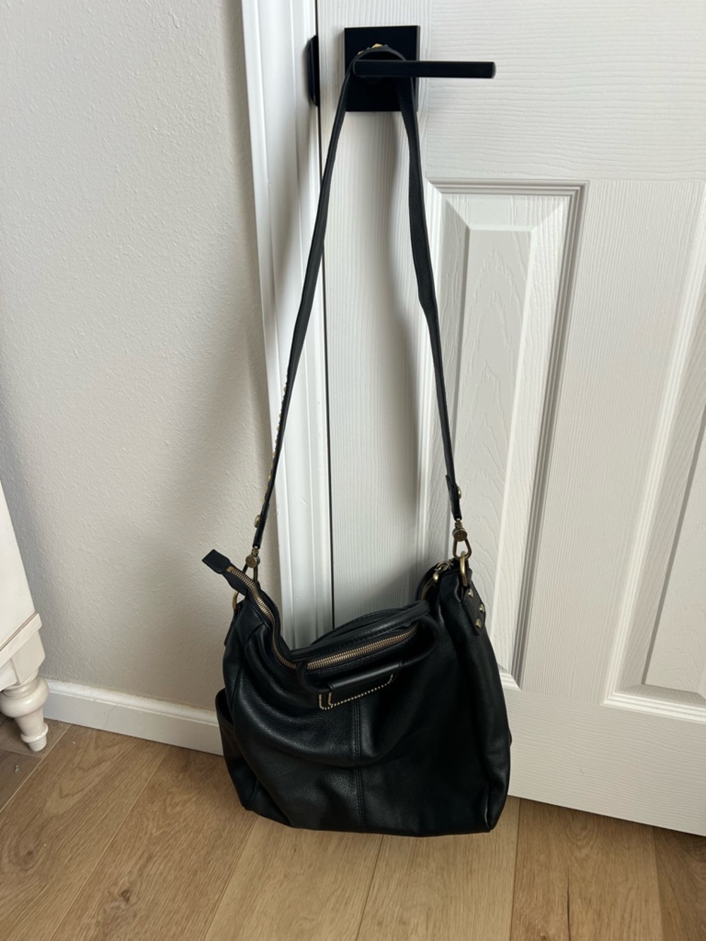 HOBO Black Leather Shoulder Hobo with Brass Accents